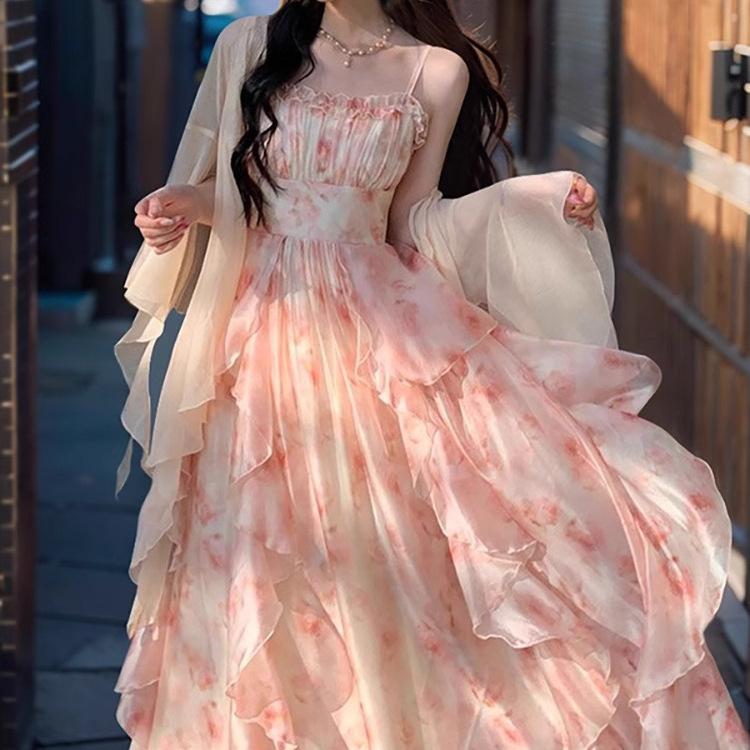 

Комплекты платьев женские элегантные летние повседневные тонкие бретельки кардиган модный шик винтаж даже вечеринка XS розовый