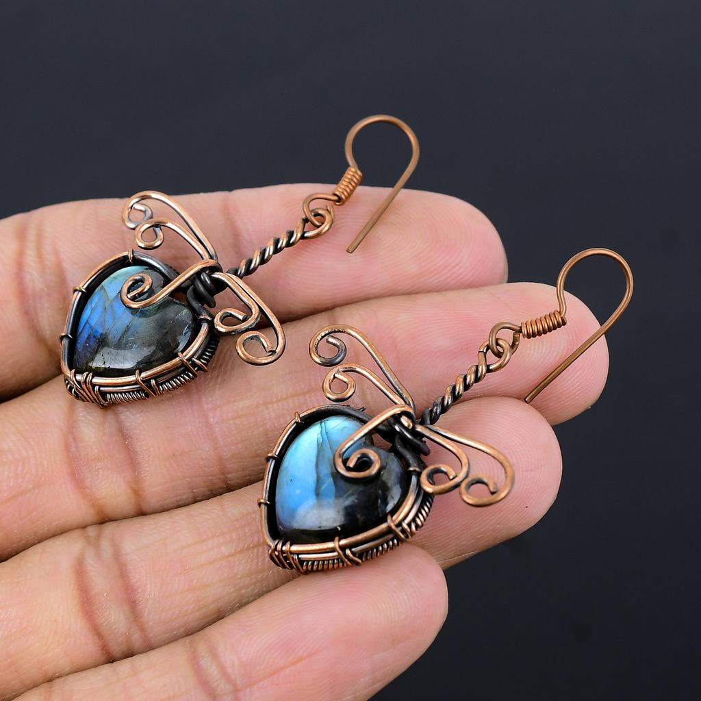 Labradorite 999 Copper Wire Wrapped Earrings, Handmade Gemstone Earrings Jewelry, Gifts For Wife Brand New Earrings