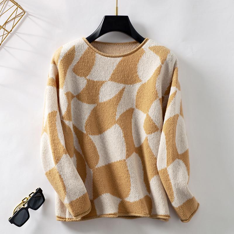 Women S Crew Neck Pullover Knit Sweater Geometric Pattern Basic Wear