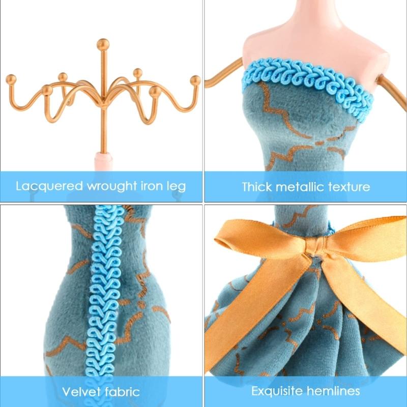 Elegant Jewelry Stand For Women Blue Mannequin Princess Dress Necklace Earring Stand Holder With Gold Accent