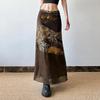 Large Size   Skirt Women Vintage Mesh Vintage Print Splicing Slim Mid-length Skirt