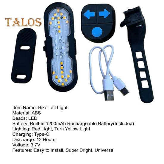 Bicycle Tail Light Waterproof Remote Control Turn Signal Light Type-C Rechargeable MTB Road Mountain Bike Rear Night Riding Bike Safety Warning Lamp
