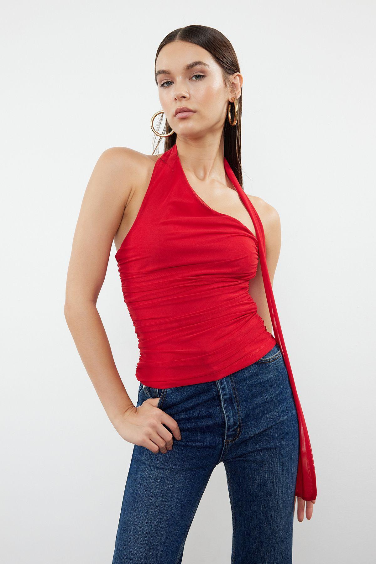 

Women s Style Blouse Red Halter Neck Gathered Lined Stretchy Knitted Blouse L