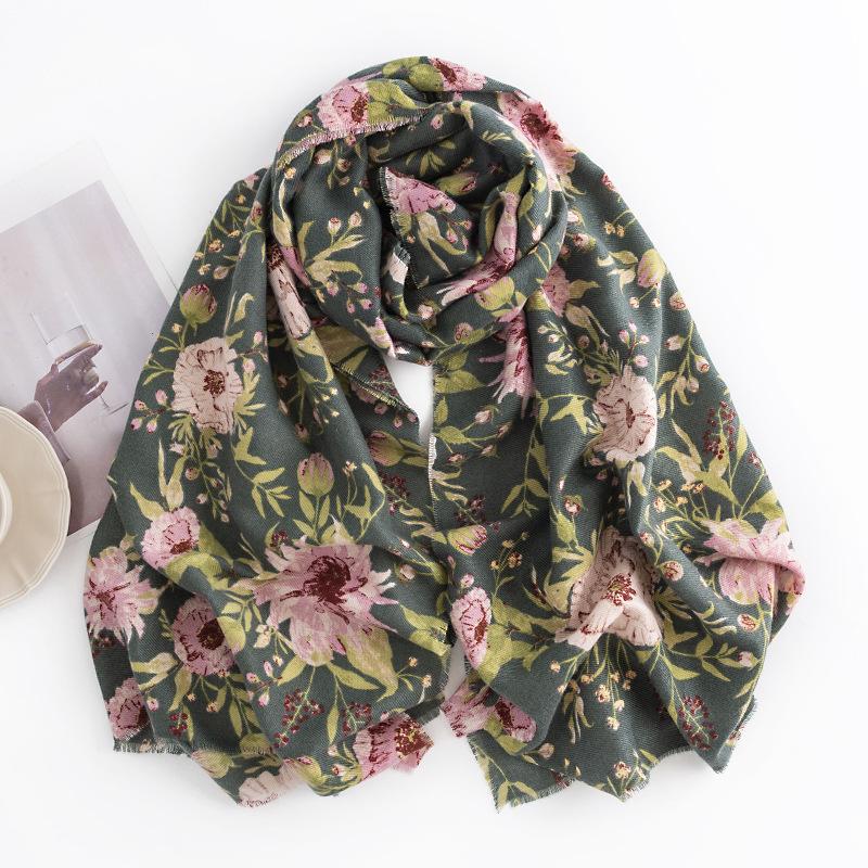 Floral Long Winter Faux Cashmere Scarf  Women's Fashionable Commuting Print Neck Protection and Cold Proof Scarf Elegant and Light Luxury Shawl