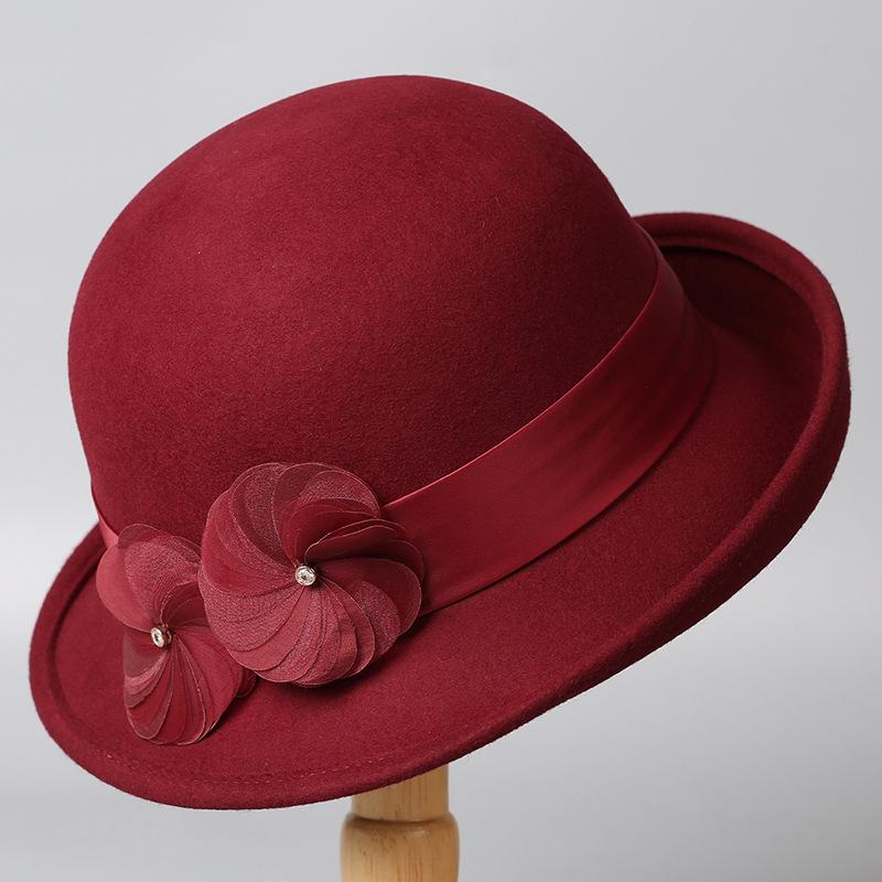 French wool felt hat women's autumn and winter British retro fashion versatile foreign style Hepburn style flower warm top hat