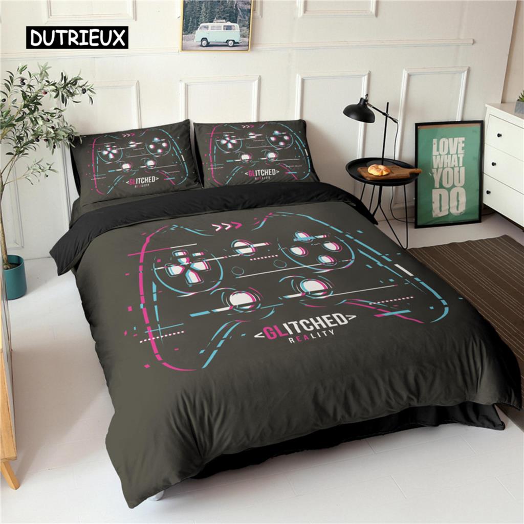 Set de lenjerie de pat cu gamepad, mărime queen, husă de plapumă neagră creativă, set husă de plapumă din poliester, lenjerie de pat 2/3 piese