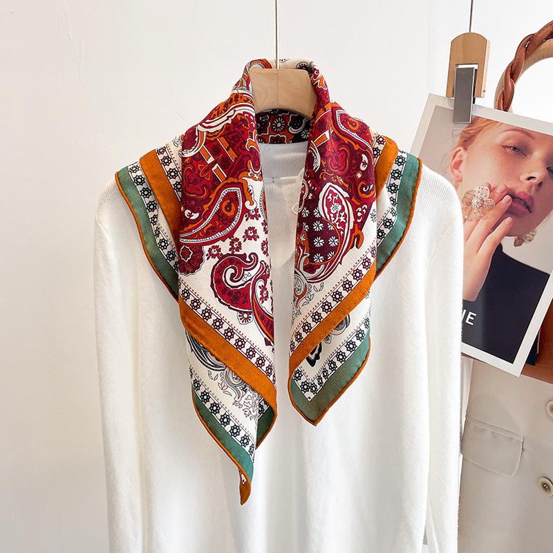 Spring fashion double-sided printed silk wool square scarf mulberry silk wool blended silk scarf women cashew flower silk wool square scarf 65*65cm