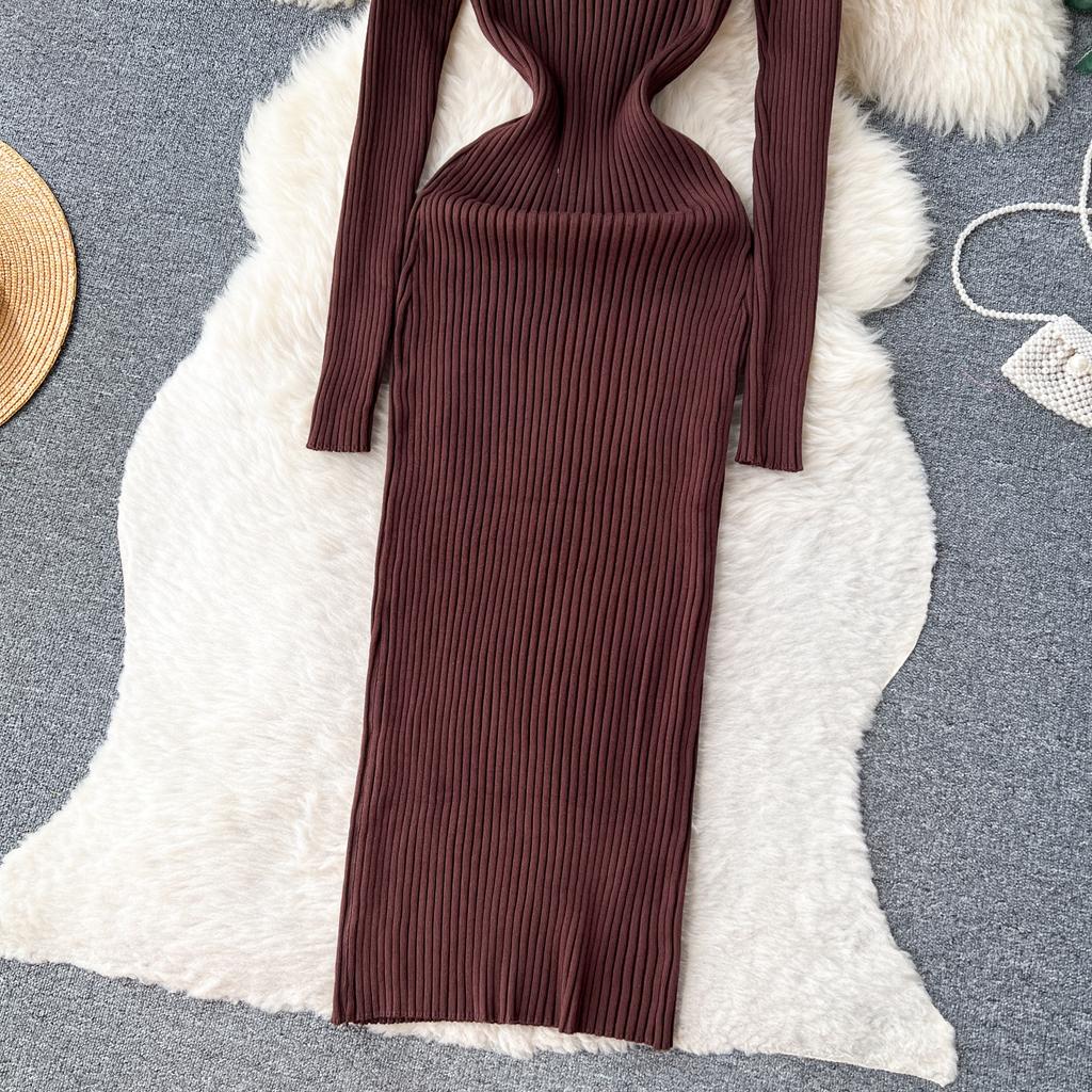 Abito aderente a maniche lunghe a maniche lunghe con scollo a O elegante elegante da donna Abito aderente in maglia aderente alla moda sexy con abiti elastici sottili