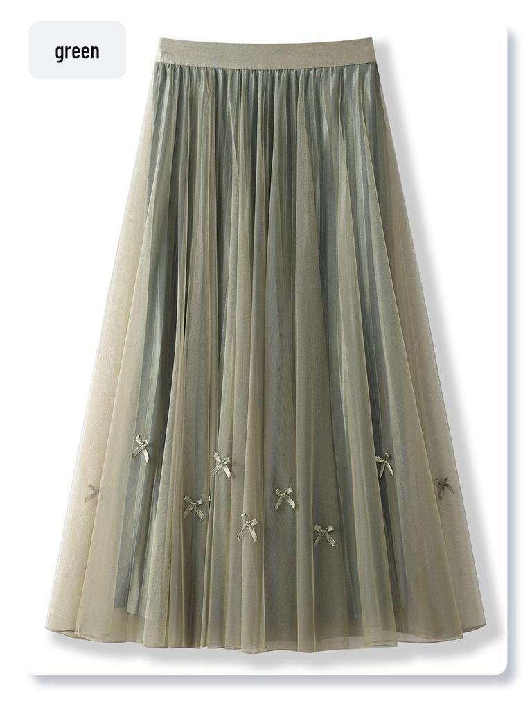 White Women's Drapey A-Line Mesh Skirt - 2024 New Autumn, Spring Mid-Length Pleated Style