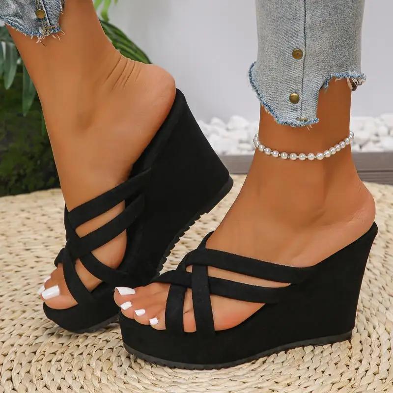 Fashion Casual Suede Cross Strap Slip On Sandals Women 2025 Summer Chunky Platform Wedge Heel Slides Classic Super High Heel Slippers