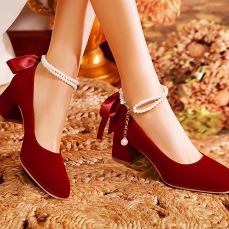 Mary Jane Shoes Spring Elegant Pearl Chain Low Heel With Buckle For Everyday Wear