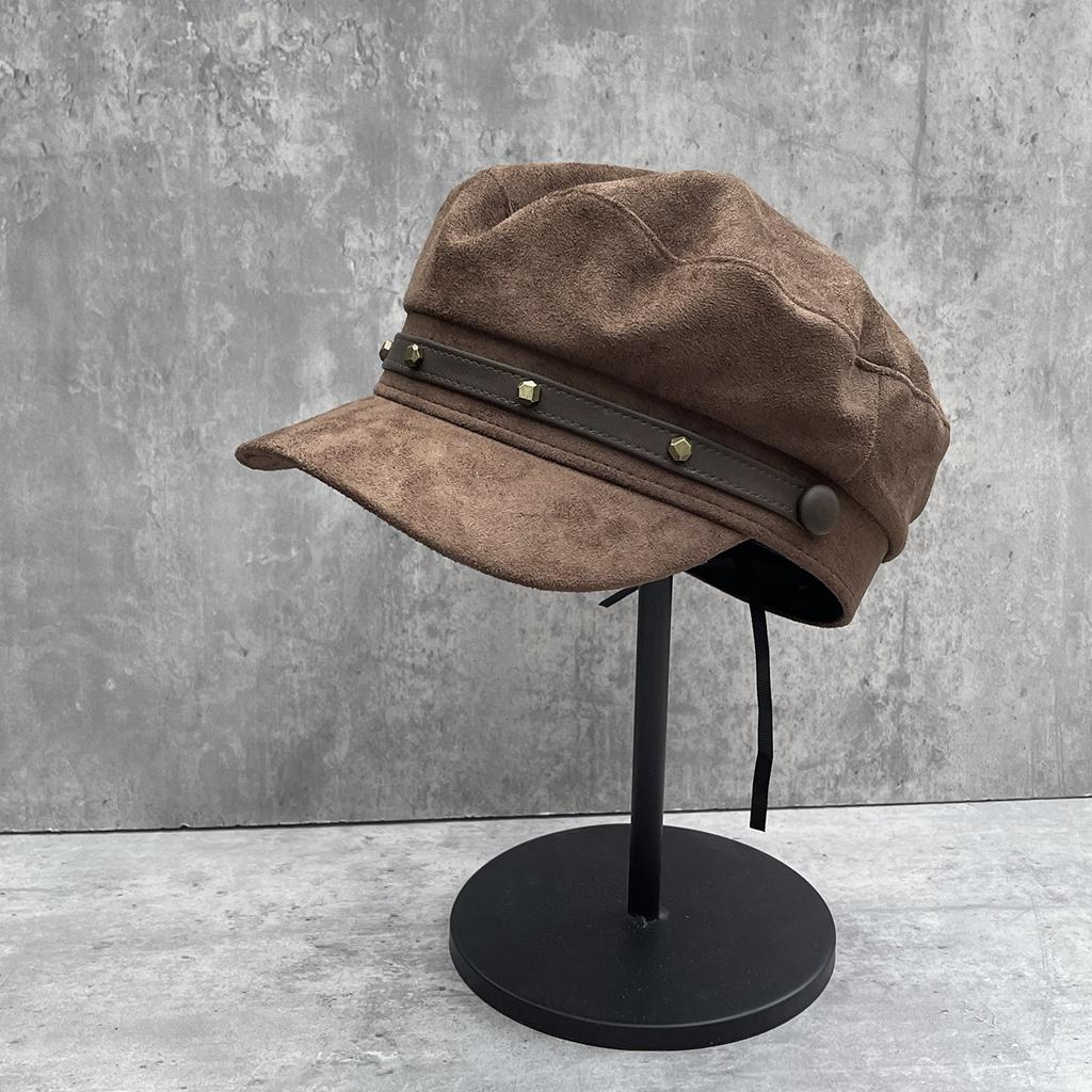 Autumn retro versatile imitation suede cloth flat-top newsboy hat female rivet belt buckle flat-top face small equestrian hat