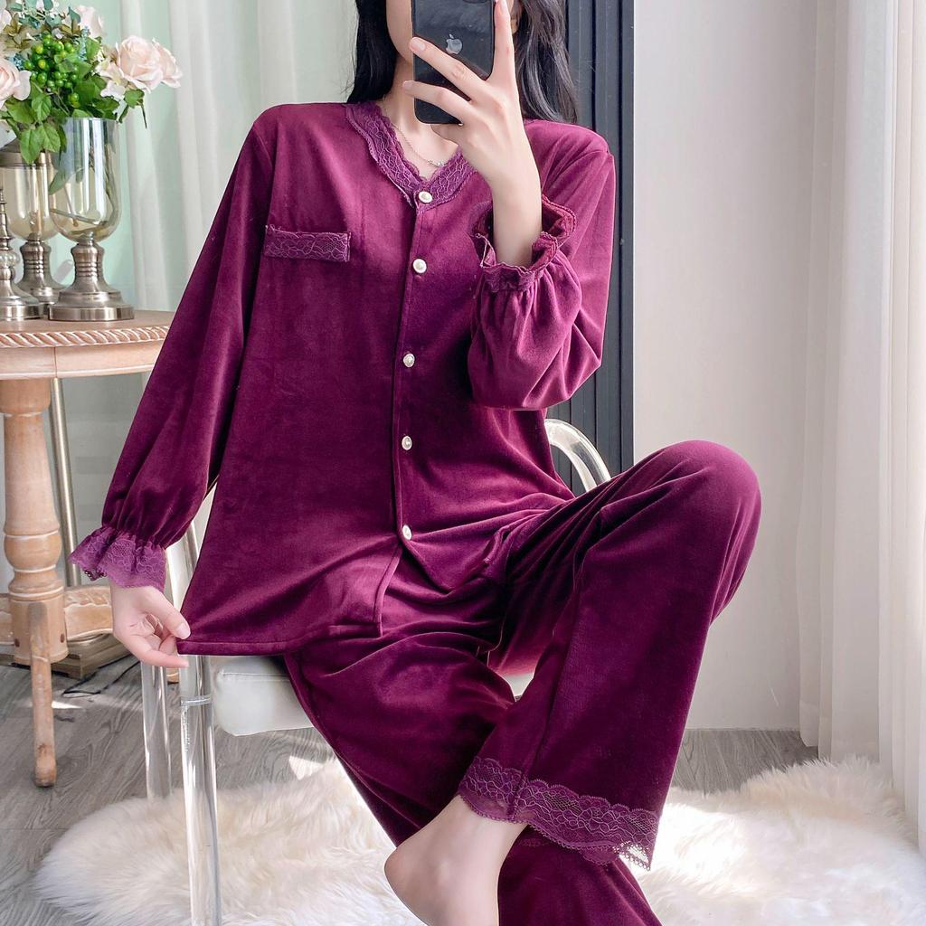 Women's Retro Noble Red Sea Island Cotton Fleece Pajamas - Thick Long Sleeve & Pants for Autumn/Winter