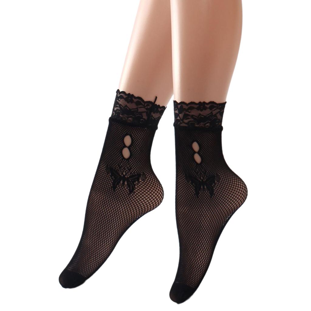 Women's Fashion Aesthetic Black Sheer Fishnet Mesh Ankle Socks with Hollowout Patterned Lace Trim Stretch Short Socks