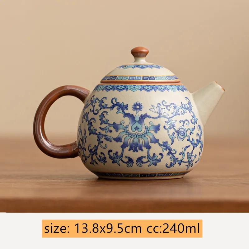 Chinese Ru Kiln Ceramic Teapot Gaiwan Traditional Handmade Blue and White Tea Pot Beauty Tea Infuser Kettle Household Teaware