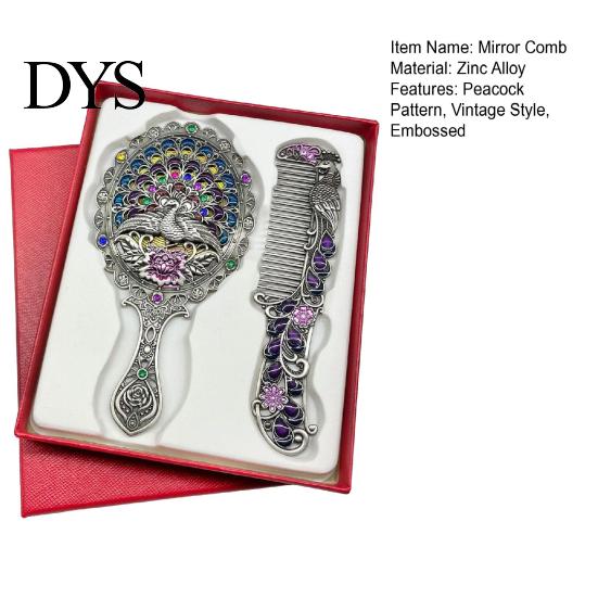 Vintage Peacock Hair Comb Mirror Set, Embossed & Handheld Rhinestone Makeup Mirror, Hand with for Women Retro Carved
