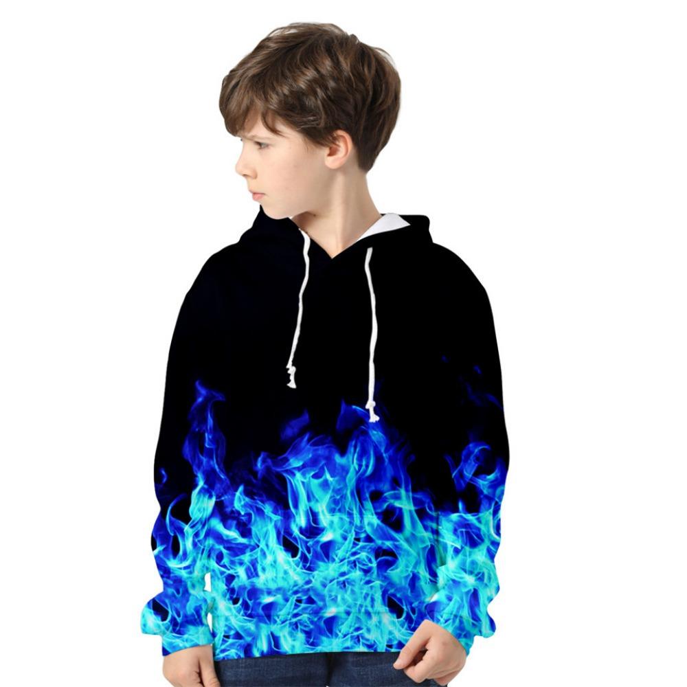 3 bis 14 Jahre Kinder Hoodie Blau und Lila 3D Feuer Flamme Kleidung Jungen Mädchen Hoodies Sweatshirt Harajuku Mantel