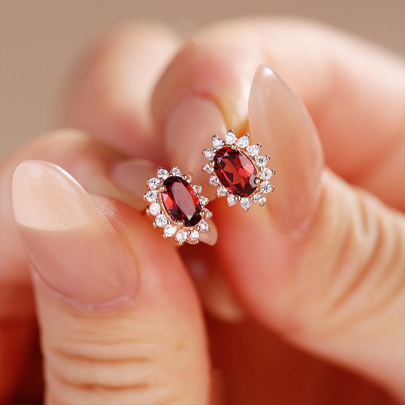 1 Carat Imitation Natural Garnet Gemstone Stud Earrings Rose Gold Princess Diana Earrings