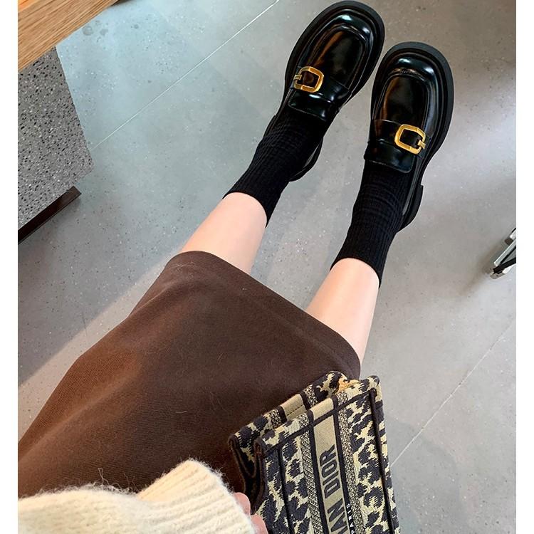 Cowhide Version~ Grape Mother Same British Small Leather Shoes Women's Buckle Thick Sole Thick Heel Heightened Round Head Lazy Loafers