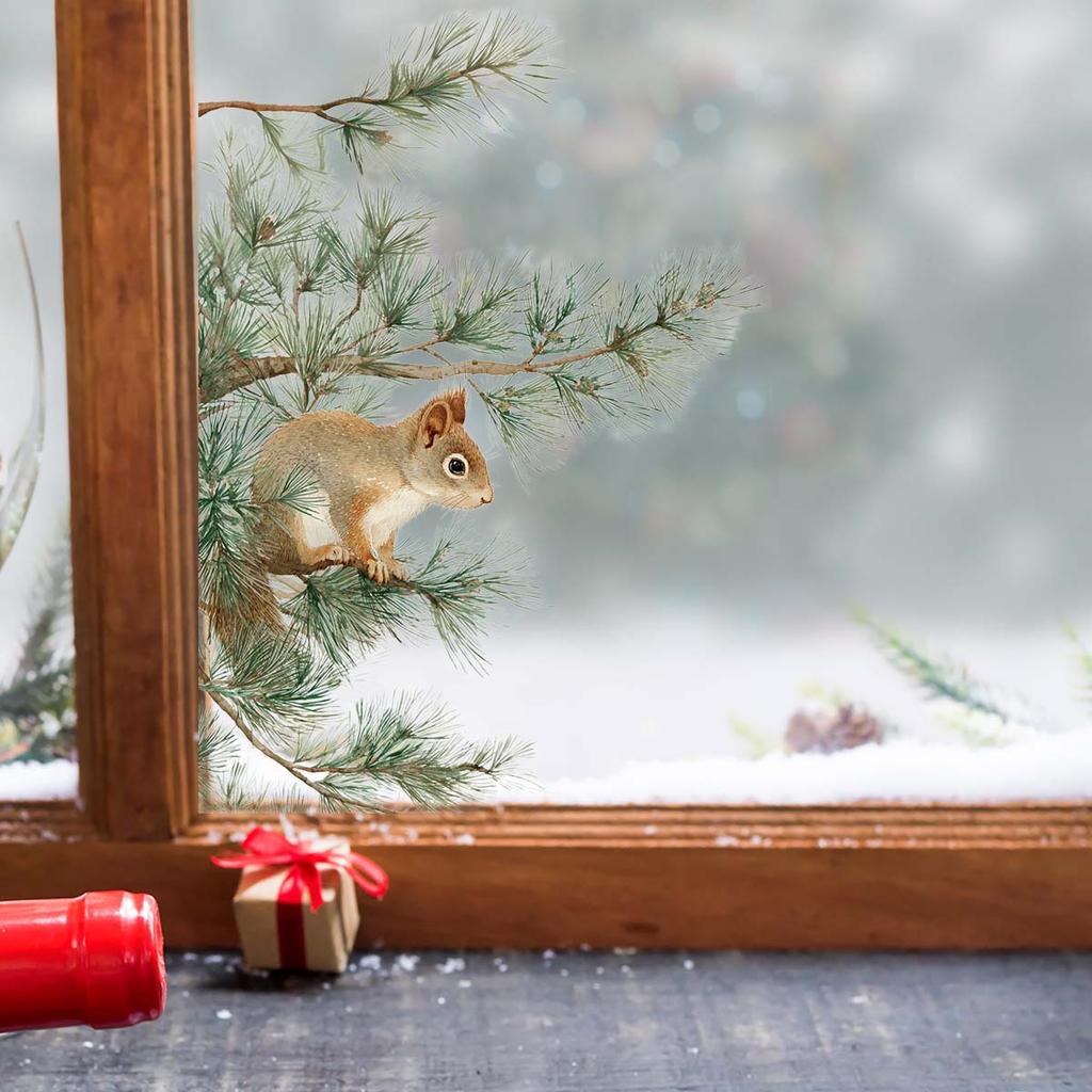 Fresh Breeze Pine Branches Squirrel Window Sticker with Natural Elements Self-adhesive Paper