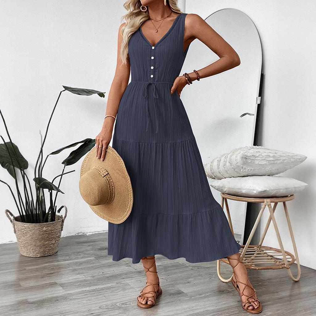 Women's Summer Sleeveless V-Neck Ruffle A-Line Midi Dress
