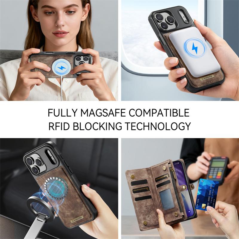 CaseMe Magnetic Flip Leather Phone Case for iPhone 17 Pro Max 17 Air 16 16E 15 Plus 14 13 12 11 XS X XR SE 2022 Zipper Wallet Card Back Cover Coque