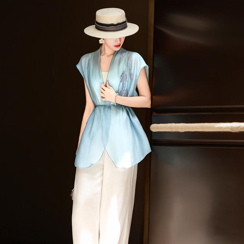 Lanseer Elegant Beaded V-Neck Belted Shirt Dress S
