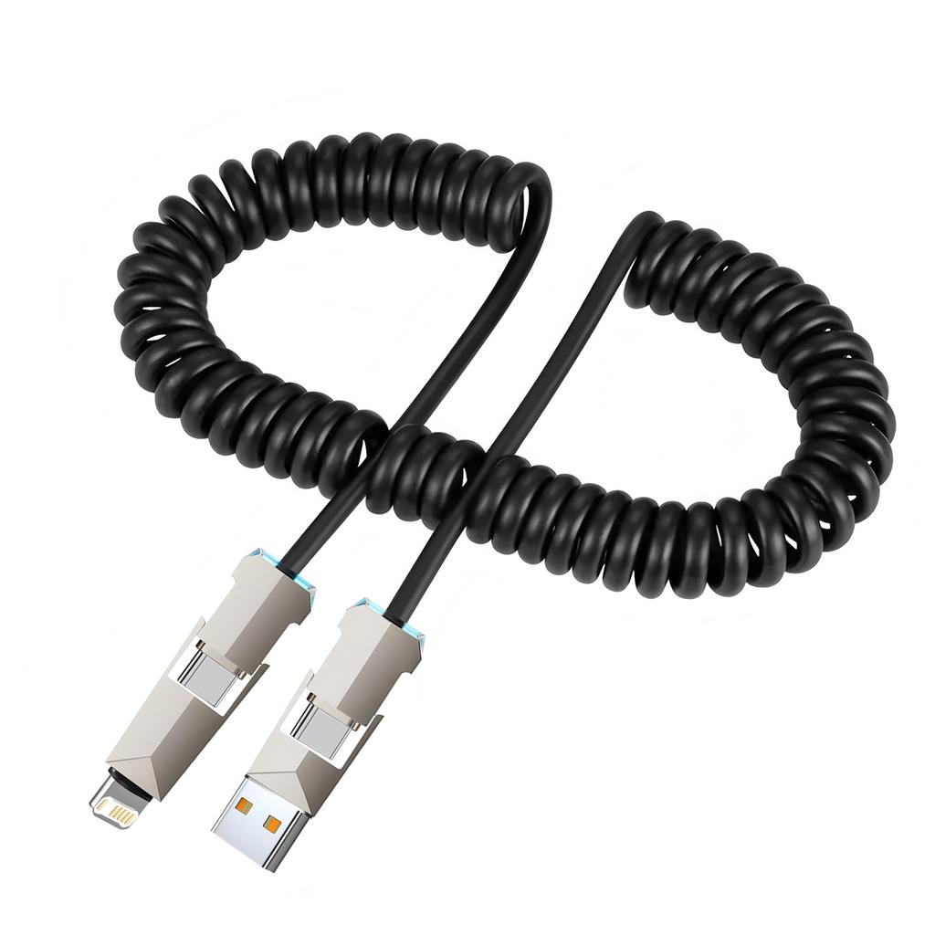 4 in 1 Spring Fast Charging Cable, 240W USB-C PD Multi Fast Charging, 2m Coiled Retractable Cable for iPhone Samsung Laptop