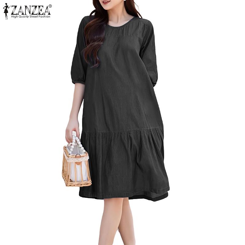 ZANZEA Women Casual Round Neck Half Sleeve Loose Dress