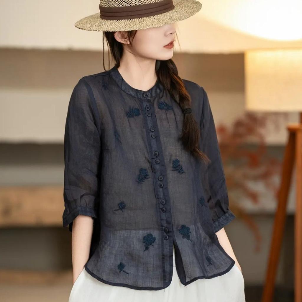 Retro Stand-up Collar Embroidered Shirt Women's Summer New Foreign Loose Fashion Five-quarter Sleeve Shirt