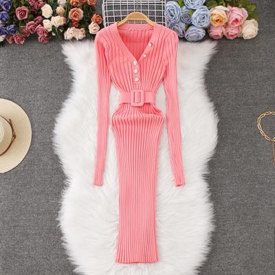 Herbst Winter Frauen Elegante V-ausschnitt Strick Pullover Büro Arbeit Schlank Bodycon Etuikleider Mit Gürtel