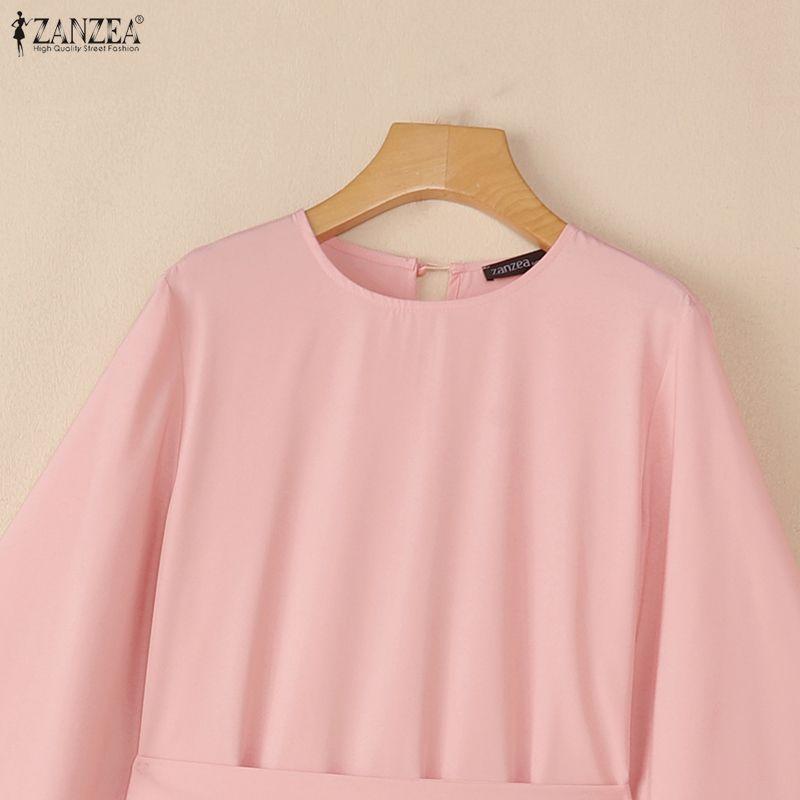 ZANZEA Abito Casual da Donna Musulmana a Girocollo, Monocolore, Manica Lunga