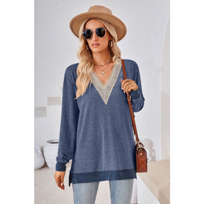 Herbst und Winter Damenbluse mit V-Ausschnitt, Spitze, einfarbig, lockere Langarm-Tops