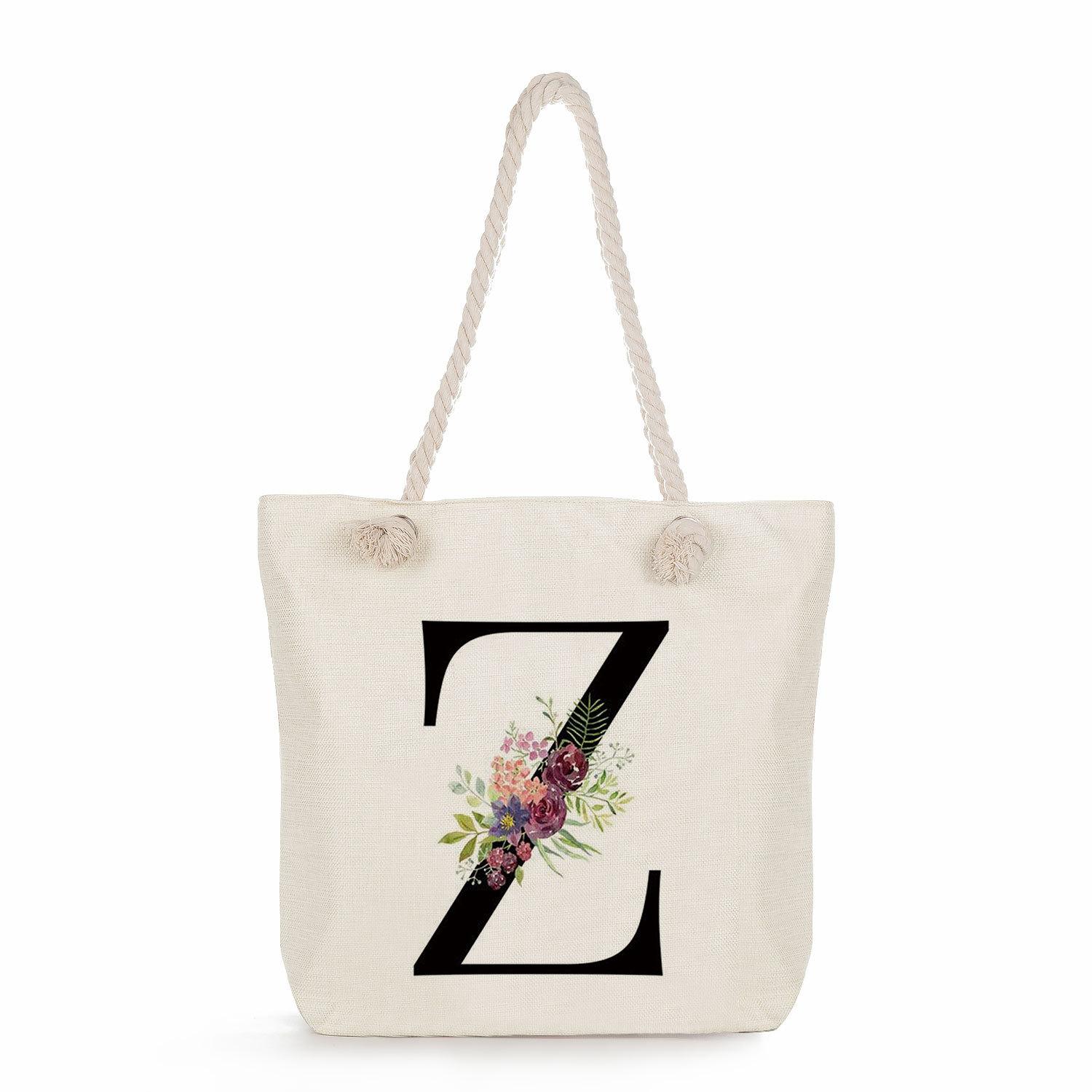 White background with black letters print thick rope single-shoulder beach bag 7258