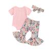 Baby Girls Summer 3PCS Sets Short Sleeve Romper Tops Floral Print Flared Pants Headband Sets