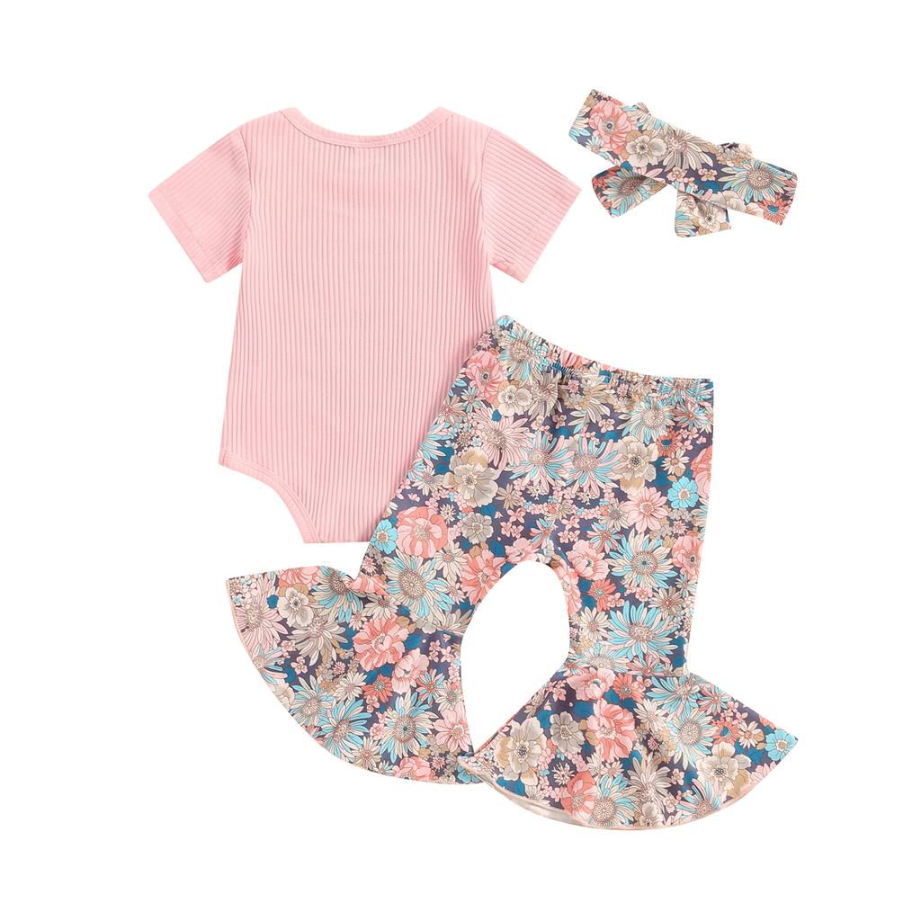 Baby Girls Summer 3PCS Sets Short Sleeve Romper Tops Floral Print Flared Pants Headband Sets