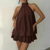 2026 Womens Sweet Style Sleeveless Halter Neck Ruffle Hem Casual Skirt Set