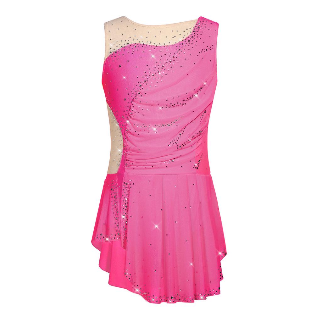 Girls Figure Skating Dress Sleeveless Sparkly Rhinestones Ruched Mesh Built In Briefs Dancewear