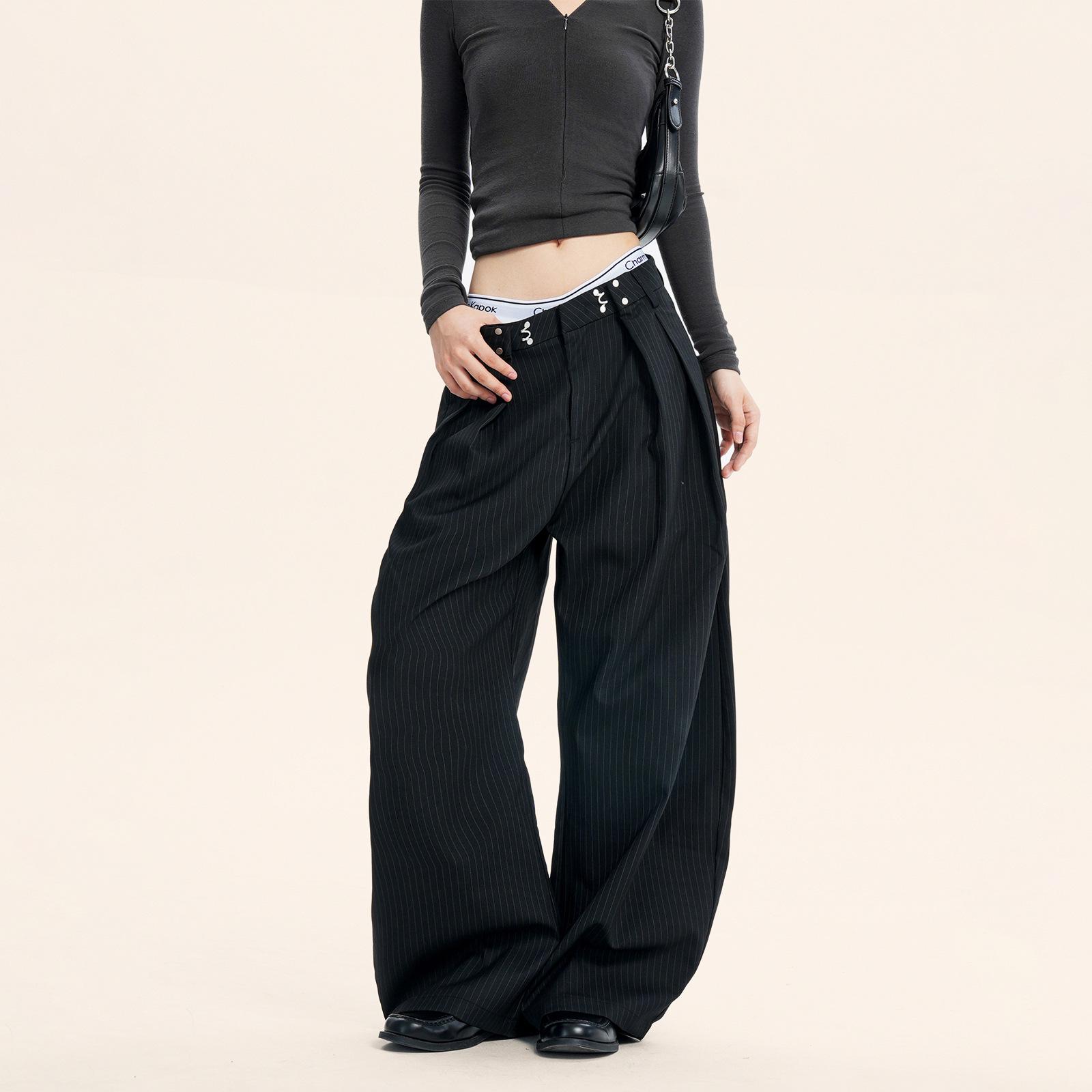 

Yongfang Unisex Black Striped Wide-Leg Casual Trousers: Loose Fit Clean Silhouette with Trendy Draping Large чёрный