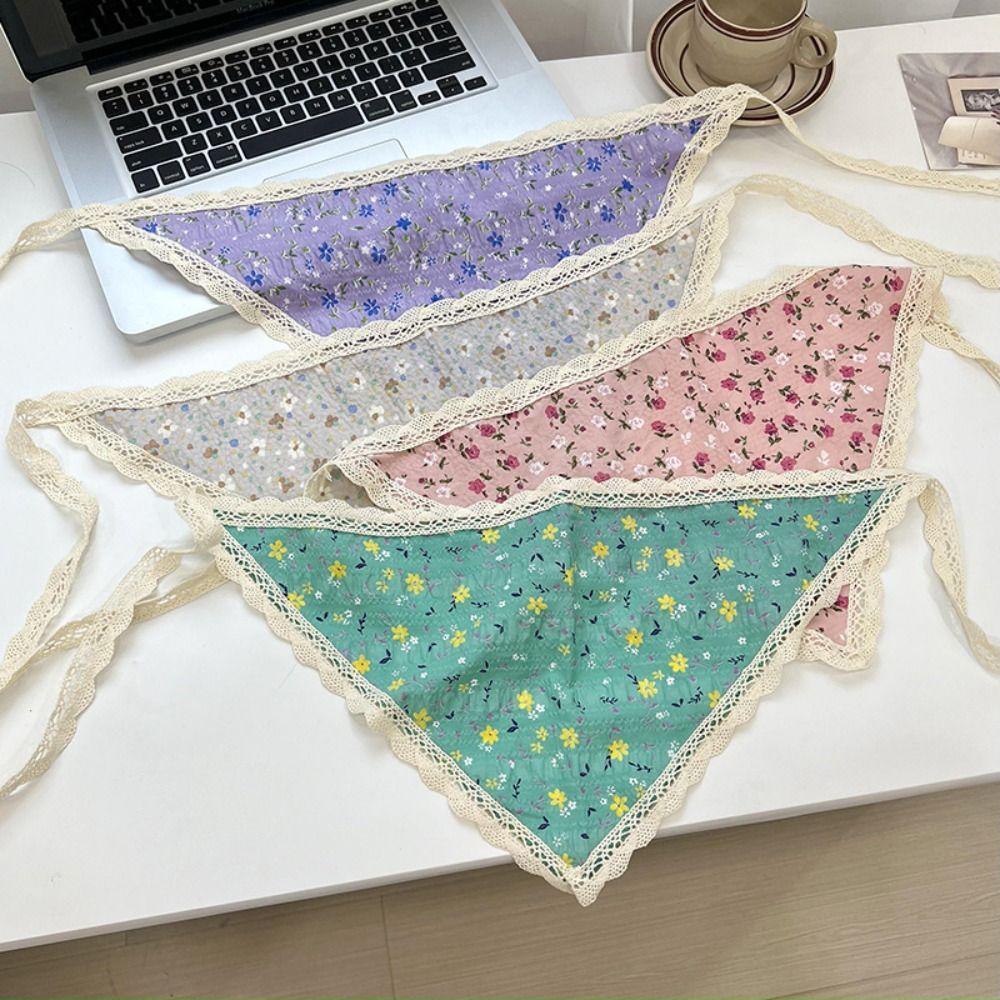 Lattice Lace Hair Scarf Pastoral Style Printing Hair Scarf Vintage Triangle Hair Band Strap  Women