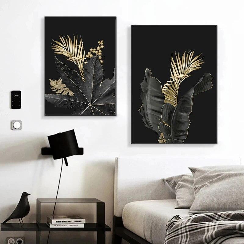 Black Gold Leaves Art Canvas Paintings Modern Plants Flowers Posters and Prints Wall Pictures for Living Room Wall Decor Cuadros