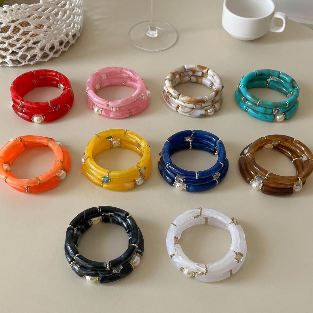 3Pcs/Set Multicolour Beads Resin Bracelet Punk Cuff Bracelet Set New Bamboo Pipe Bangles Gifts