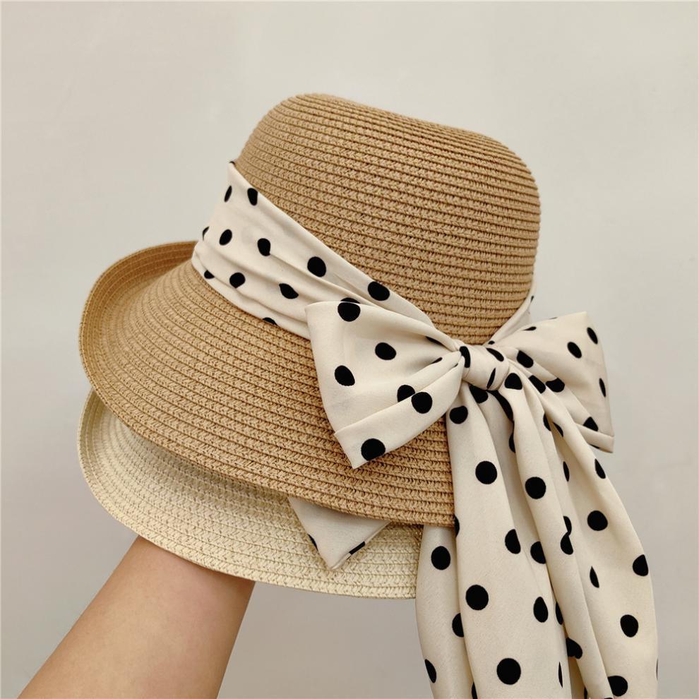French Retro Style, Elegant Polka Dots, Bow Tie, Sun Hat, Straw Hat, Women's, Summer Seaside Vacation, Beach Sun Hat