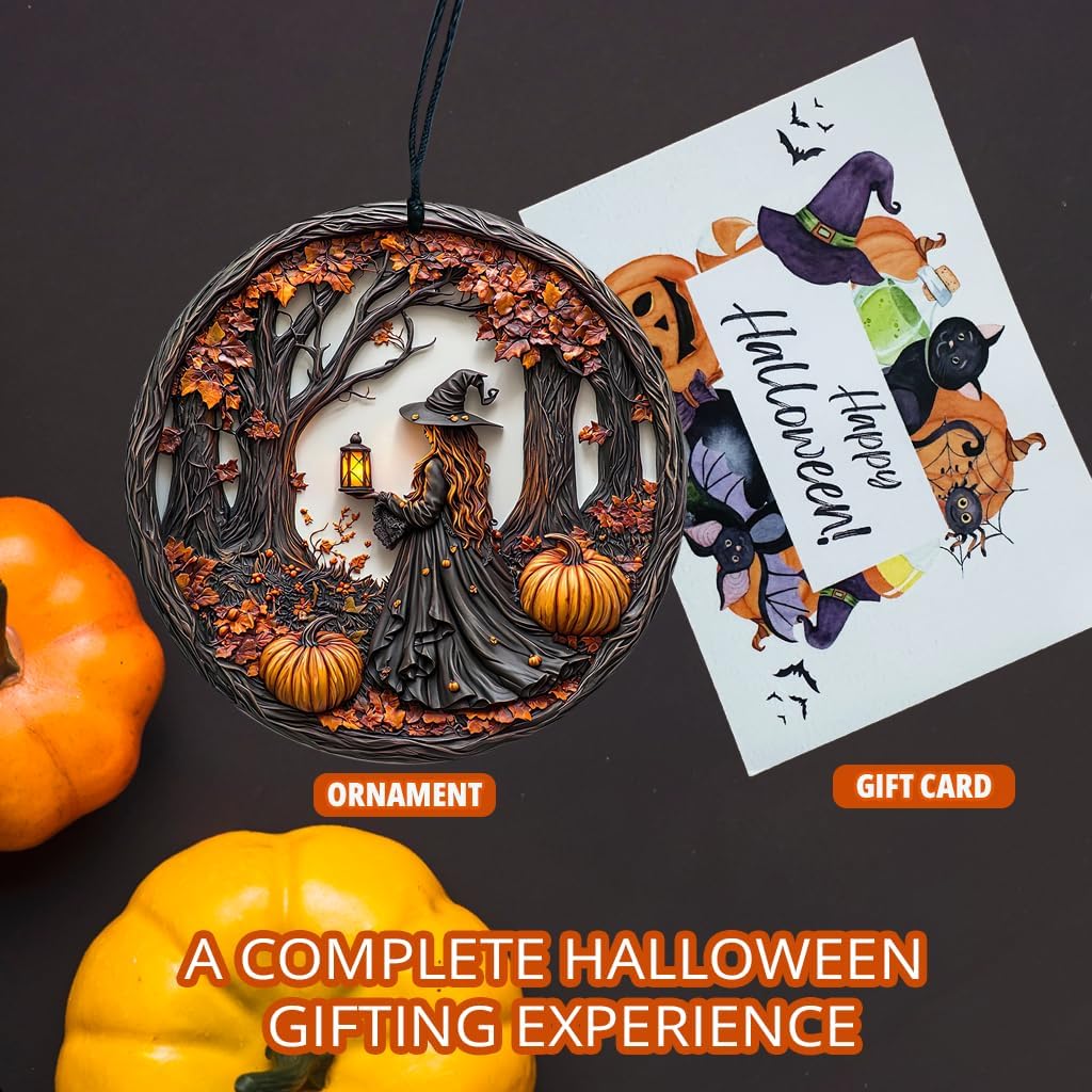 Halloween Stained Glass Window Ornament, Witch Scene with Pumpk, Acrylic Hanging Suncatcher, Round Wall Art Decor, Witchy Ornament for Home Friends