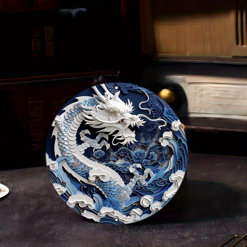 Wood Chinese Dragon Wooden Wall Sign, Round Art Decor, Abstract Paper Cut Design, Waterproof and Weather Resistant for Door, Wall, Home, Room