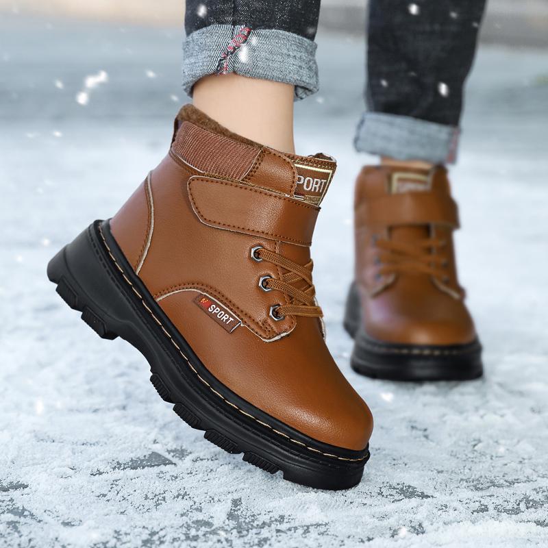 Genuine Leather Winter Boots For Boys Thick Warm Snow Shoes For Children Soft-soled Anti-slippery Teenager