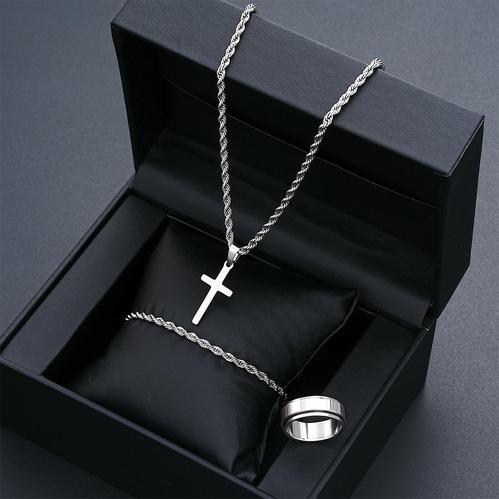 Stainless Steel Simple Jewelry Set For Men Women Fashion Silver Color Cross Pendant Twisted Rope Necklace Bracelets Ring Gifts