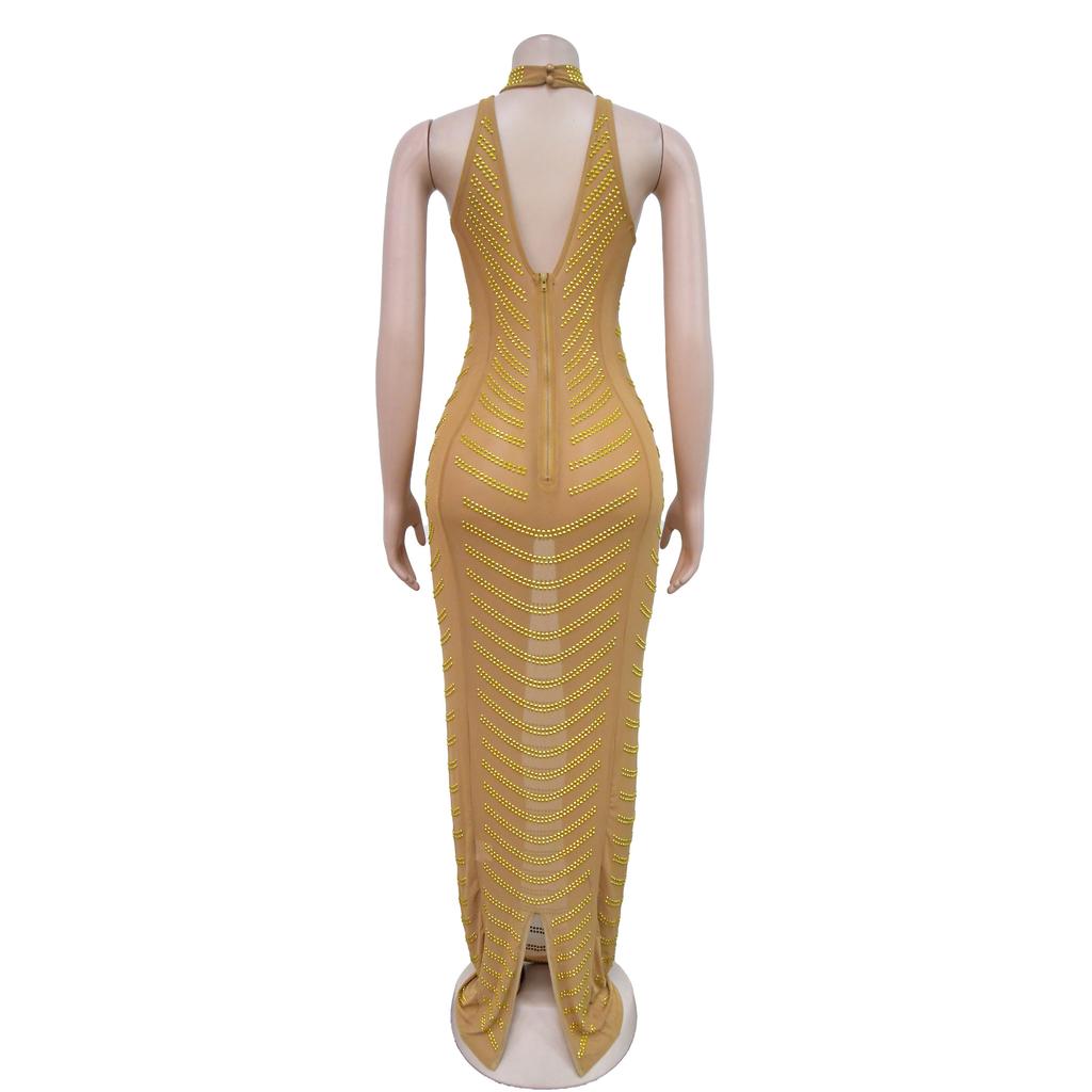 Women's Dress Fashion Sexy Backless Nightclub Party Dresses Hot Drilling See Through Long Dresses