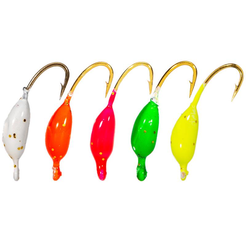 Winter Barbed Mini Lure: Long Body Ice Fishing Hook with Colored Lead Head and Upward Facing Design