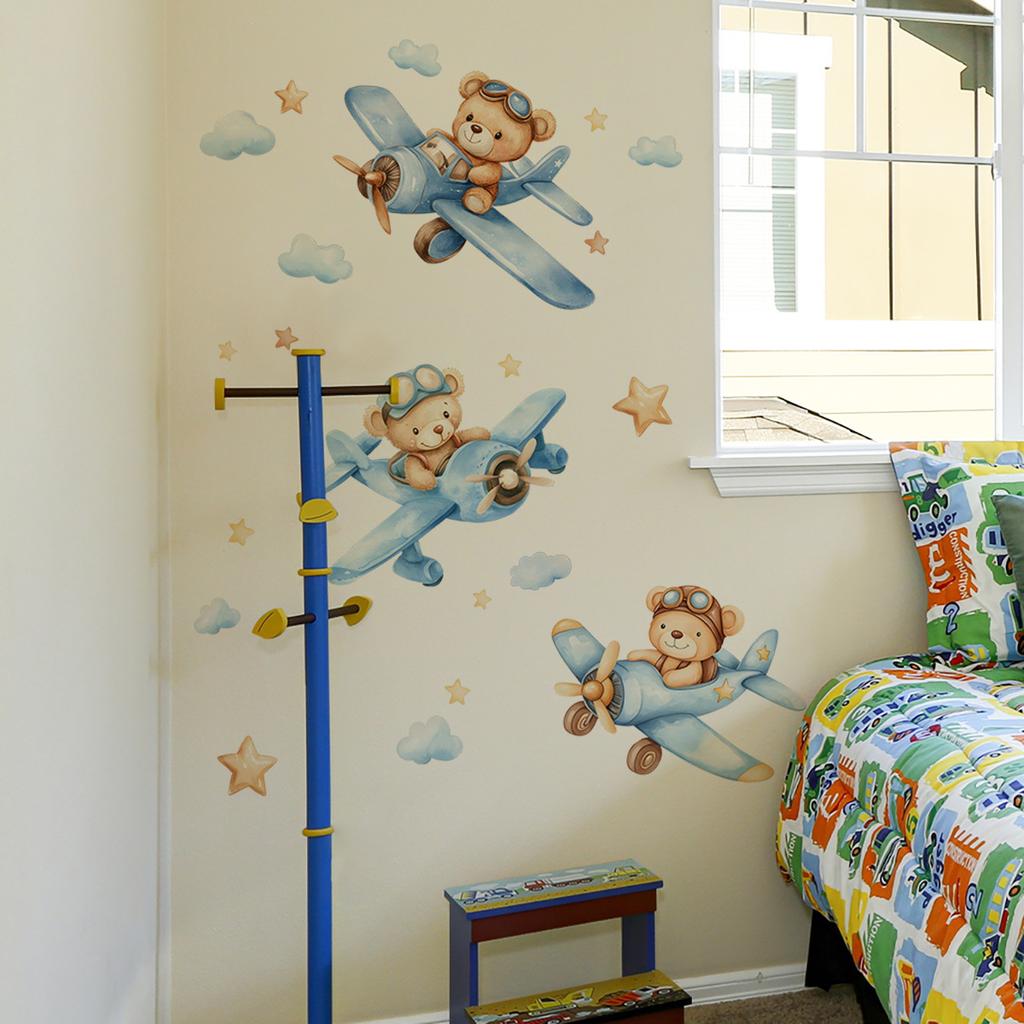 Cartoon Hand-Painted Bear Airplane Wall Sticker Kids Room Bedroom Entrance Home Wall Decoration Self-Adhesive
